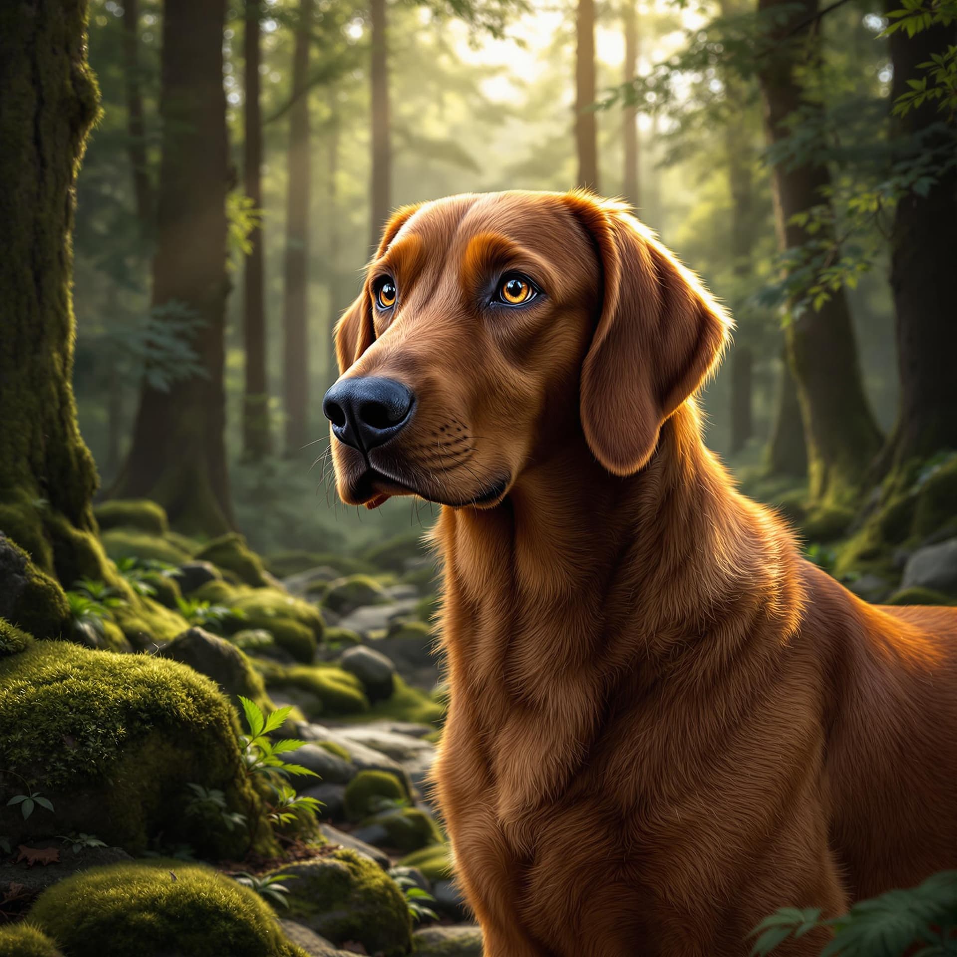 AI generated: A photorealistic depiction of a Bavarian Mountain Hound standing in a dense forest, its sleek reddis...
