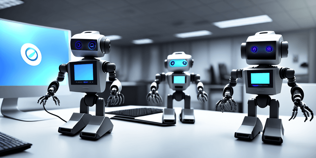 AI generated: In the background there are personal computers, keyboards, monitor, different pc components. In the ...