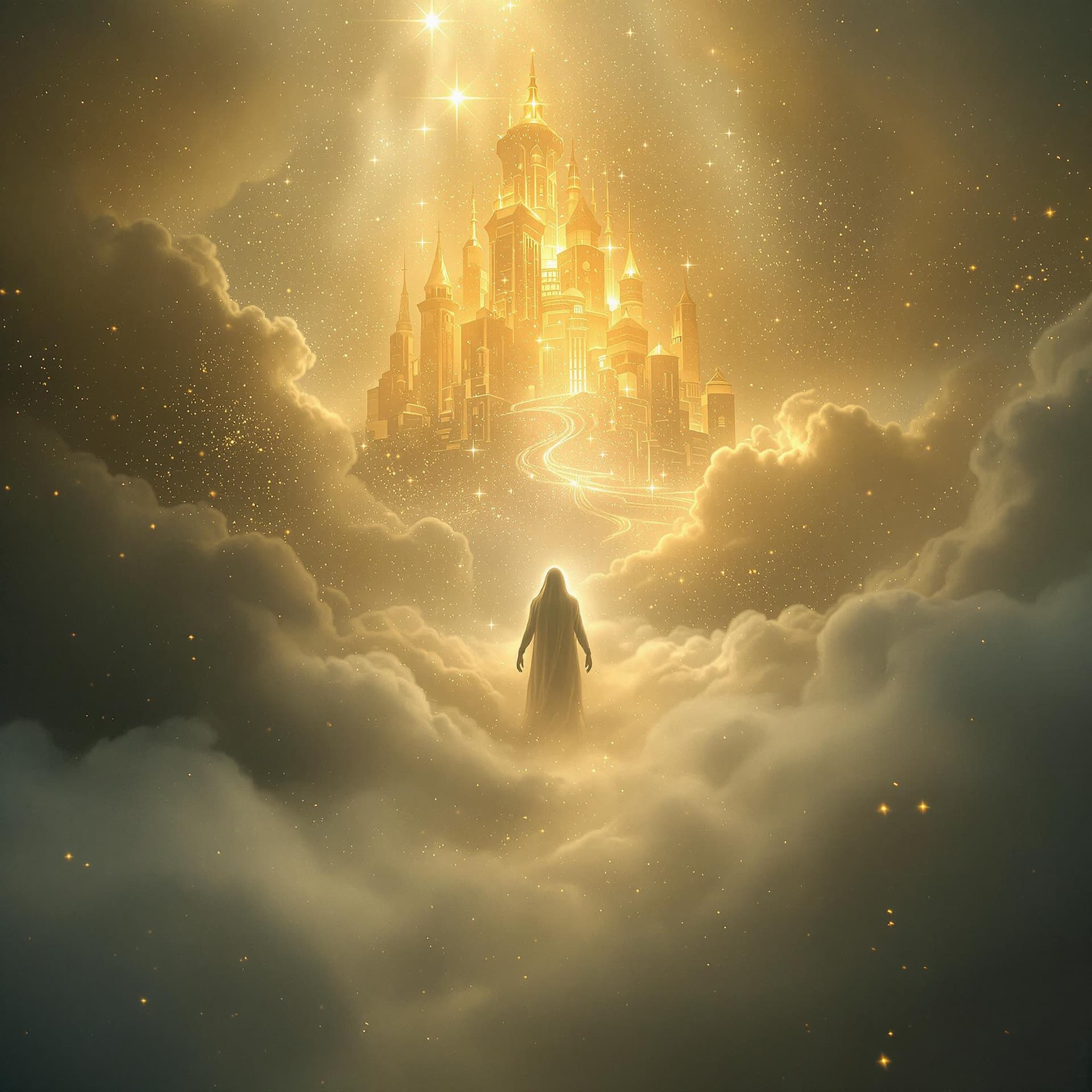 AI generated: A fine art, hyper-realistic, cinematic image of God's golden city of heaven off in the distance. Bri...