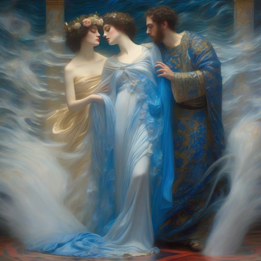 AI generated: wise tale of the divine, meditating priests of a love-cult, immersive experience, porcelaine Sappho,...