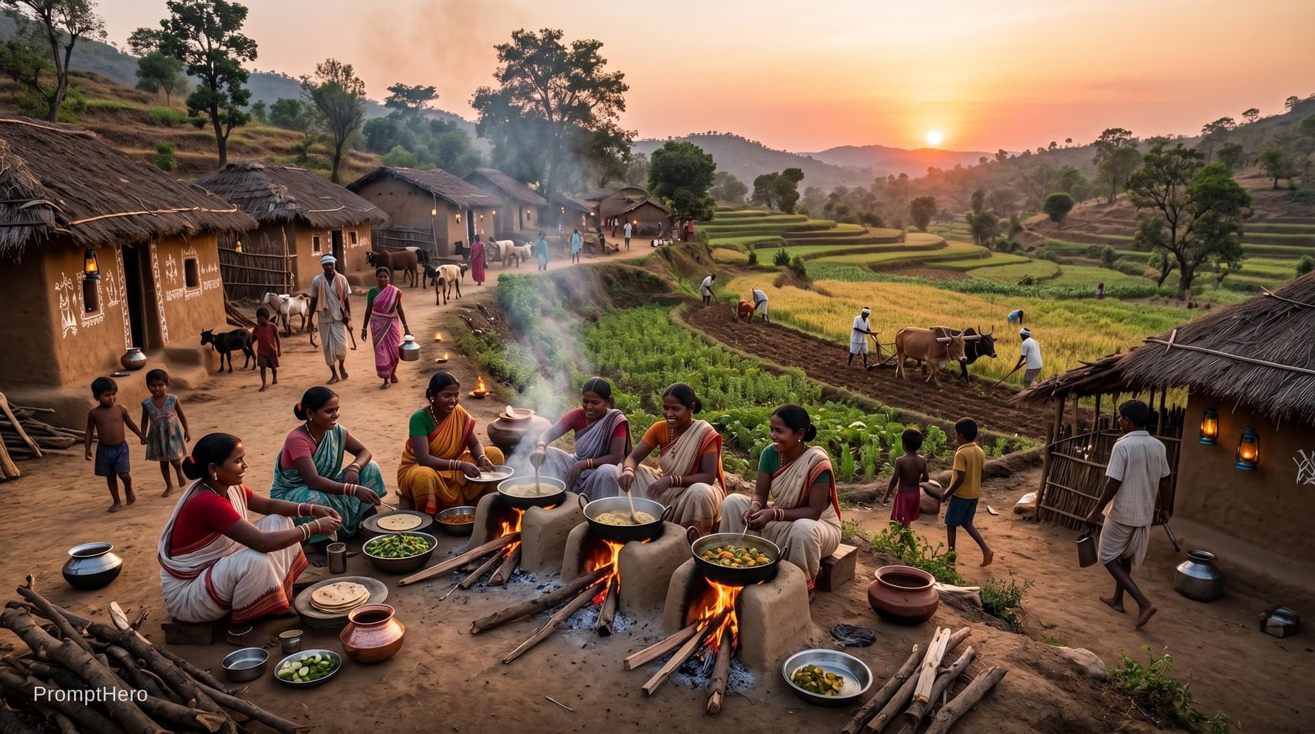 AI generated: A Indian tribal village area.where farmers r farming ladies r cooking traditional food . morning to ...