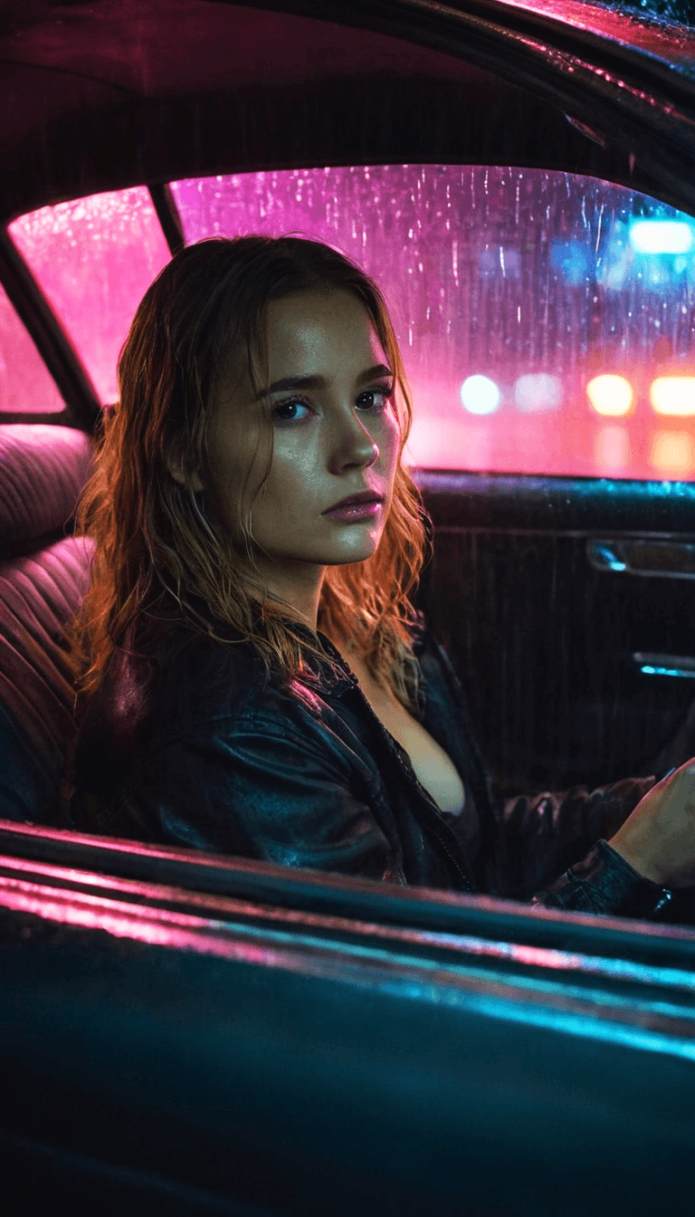 AI generated: A fashion editorial, front view, young woman sitting in car and looking out window in wet rainy nigh...