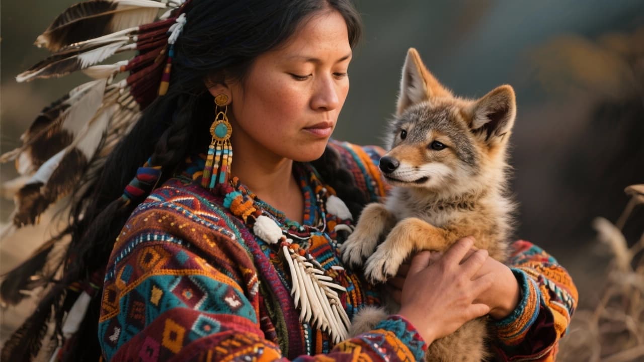 AI generated: an American Indian woman, with very colorful and beautiful wild 4k clothes. holding in her arms a ba...