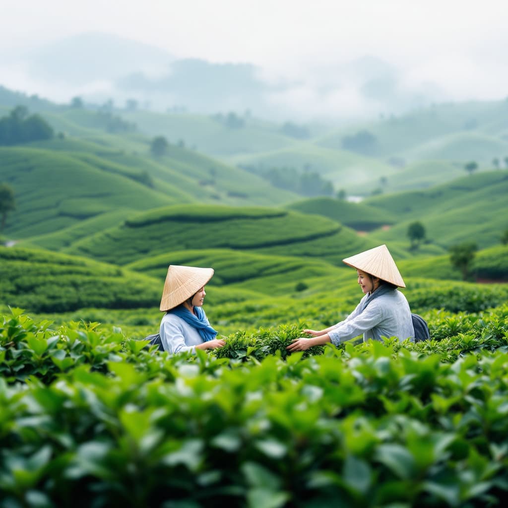 AI generated: In the green tea fields of China, two women in white and light blue with hats were picking tea leave...