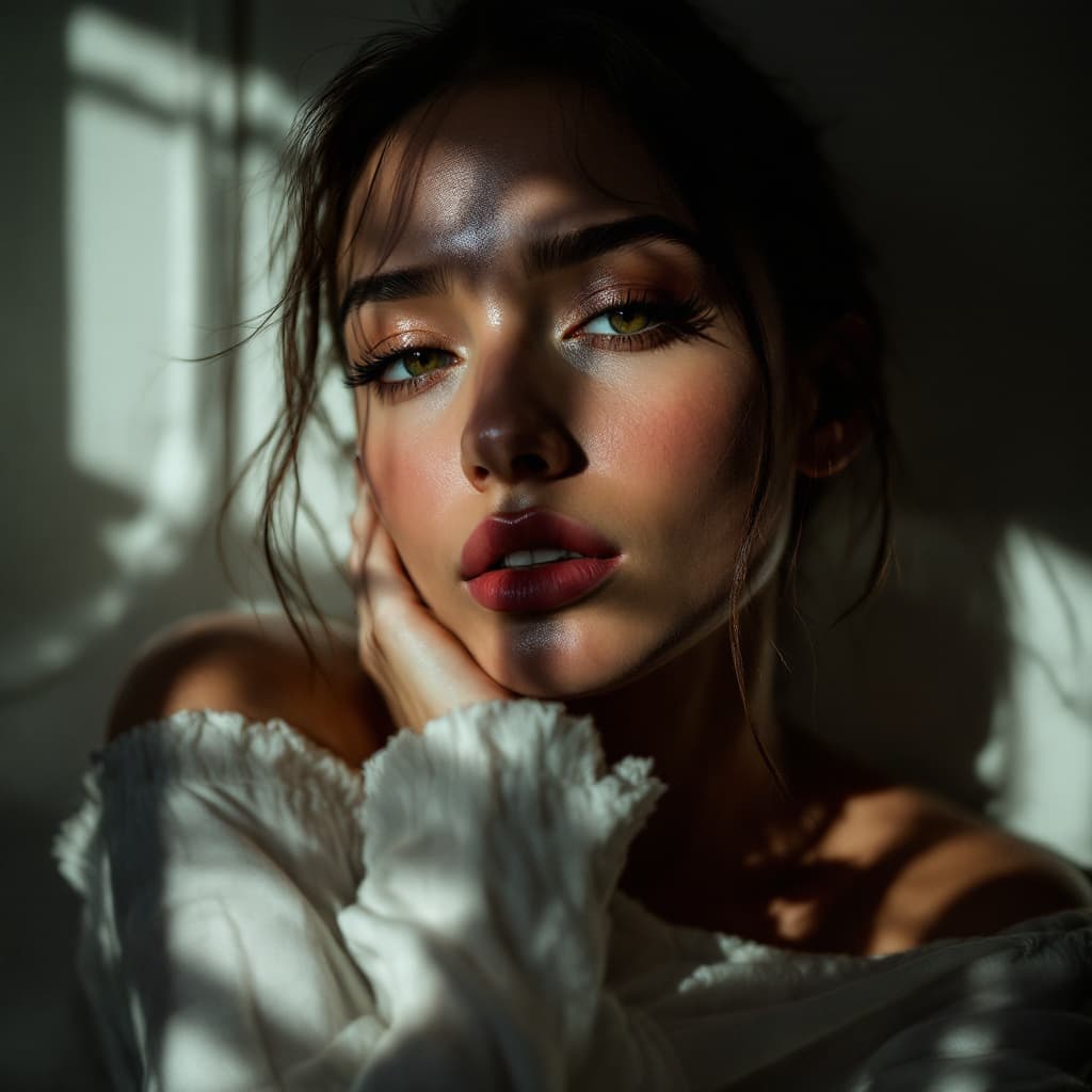 AI generated: high-resolution photograph, woman, stunning use of shadows, in the syle of crisp lines and forms,  T...