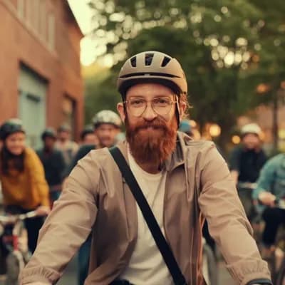 AI generated video: Hyper realistic, photo realistic slowmotion video of a happy hipster 25 year old cyclists with helme...