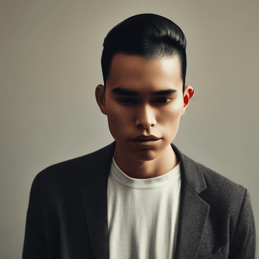 AI generated: Outdoors photoshoot of a small frame man with black hair in a bun with big forehead, natural lightin...