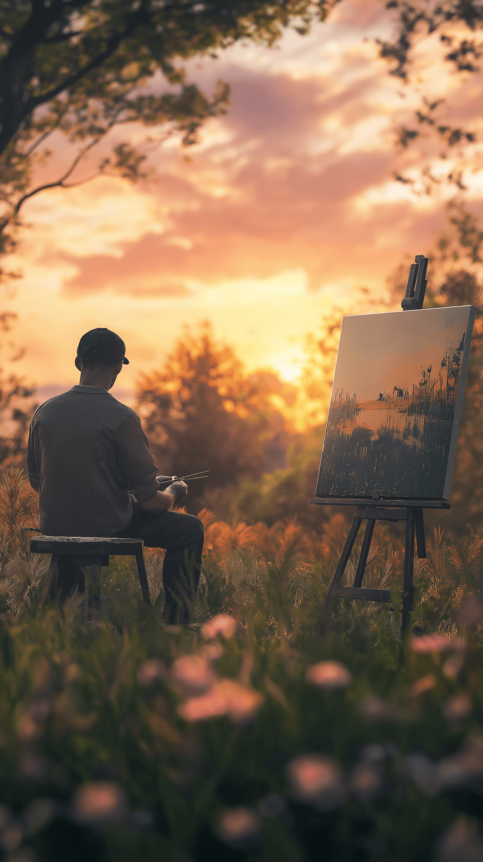AI generated: 
A realistic image of an individual painting a canvas in a serene outdoor setting --ar 9:16 --style...