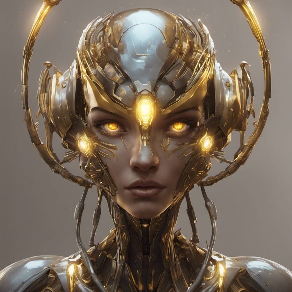 AI generated: hyper advanced cyborg alien ai, sci fi, glowing eyes, volumetric lights, gold theme, art nouveau bot...
