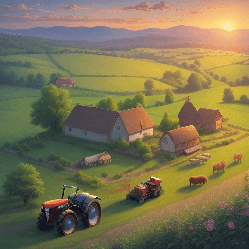 AI generated: Nostalgic sunset in the countryside with a picturesque bountiful farm, some animals and fruit trees,...