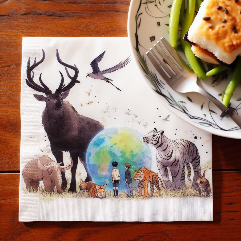 AI generated: an amazing anime wild life with people as graphics on a napkin next to a dinner plate