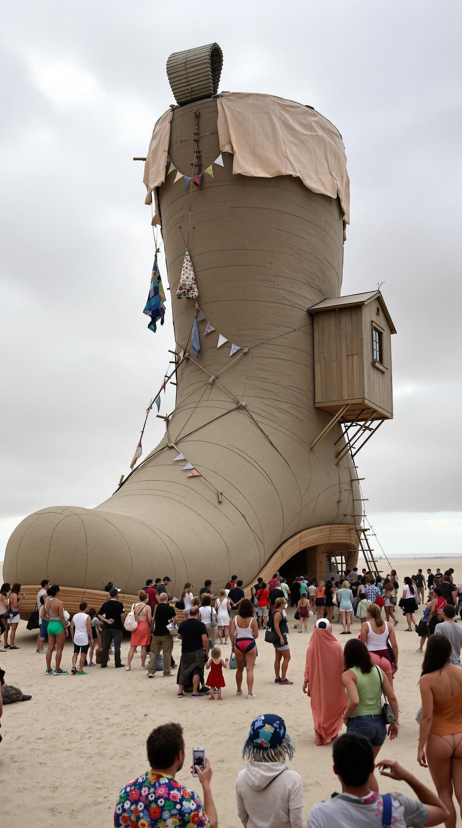 AI generated: A large, whimsical structure shaped like a giant boot, complete with a small wooden house attached t...
