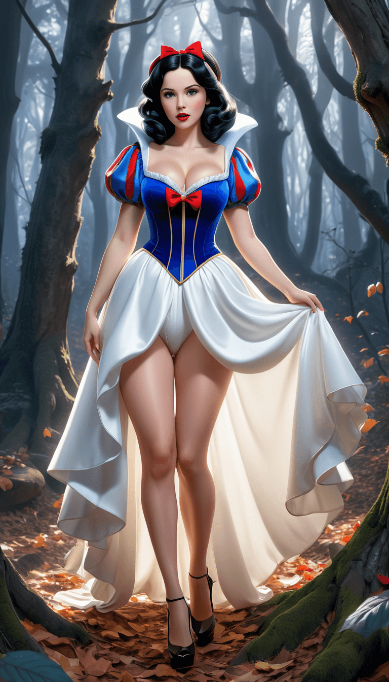 AI generated: (NSFW), animation drawing style, full body view of adult snow white in the haunted forest, wearing a...