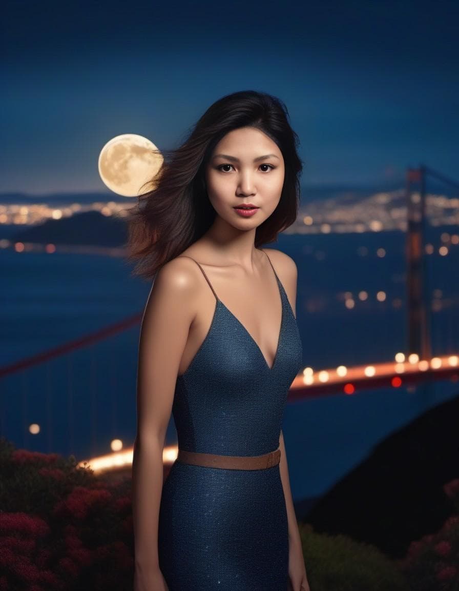 AI generated: Masterpiece, Stunning, Best quality, Golden Gate Bridge, Full Moon . 8K, UHD, HDR