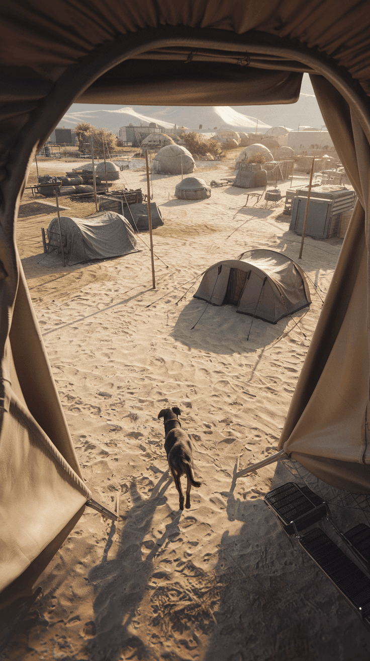 AI generated: A stray dog ​​enters a military training camp. Photorealism, high detail, cinematic view style; 8k, ...