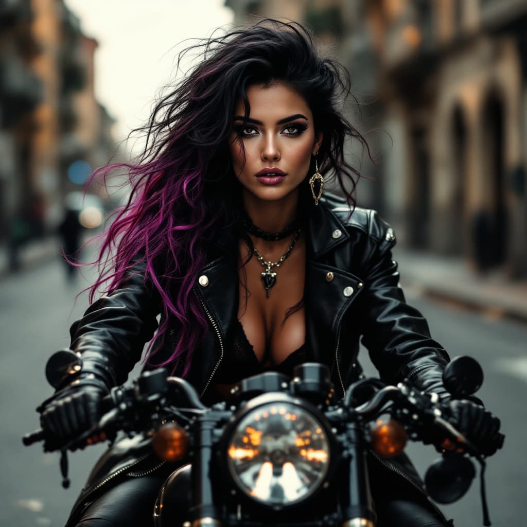 AI generated: Crie uma garota loira e sexy, de cabelos longos, faixa de 30 anos, em cima de uma moto harley