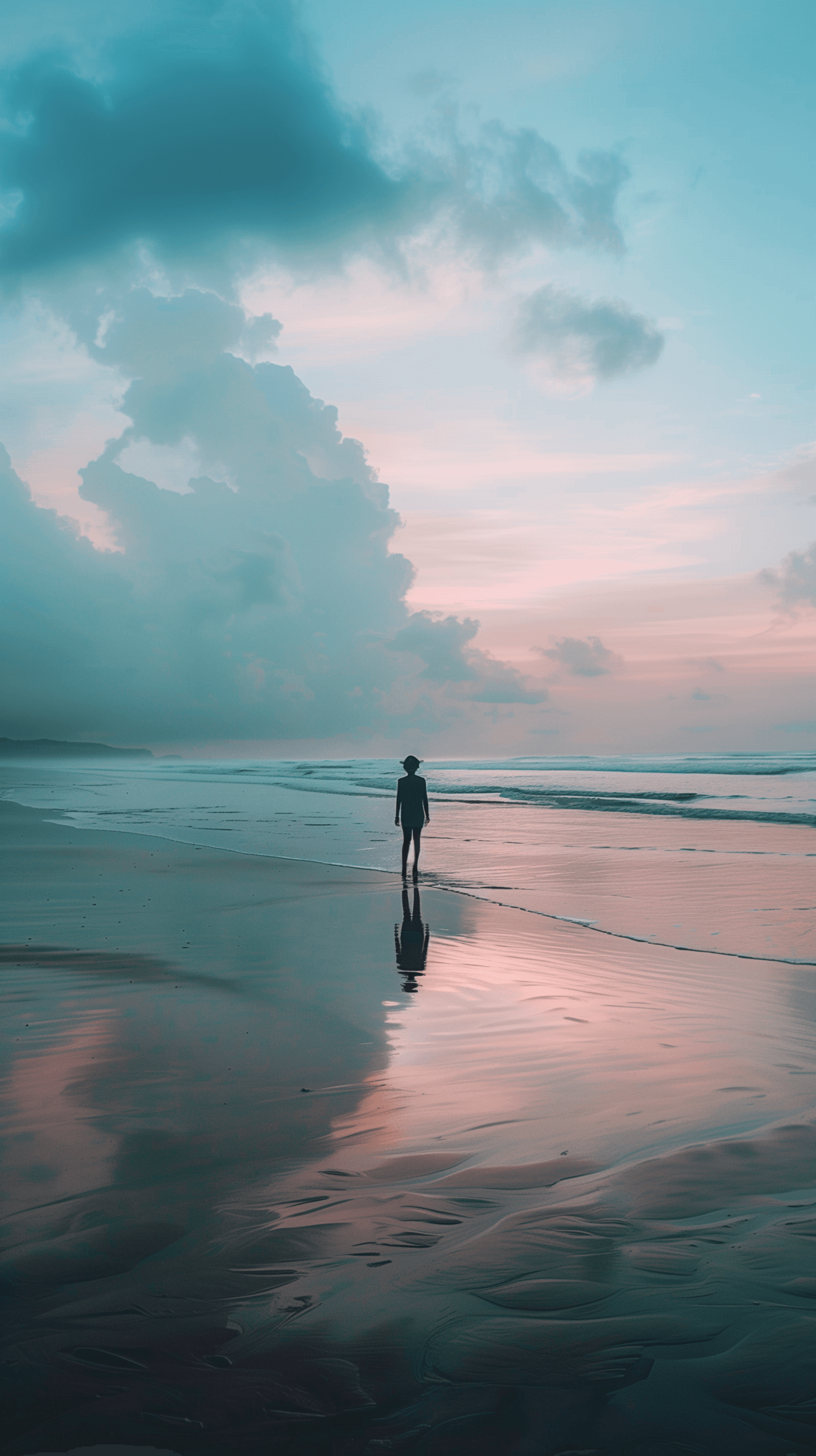 AI generated: scene of a person walking along a beach at twilight, reflected in the wet sand, focus on creating a ...