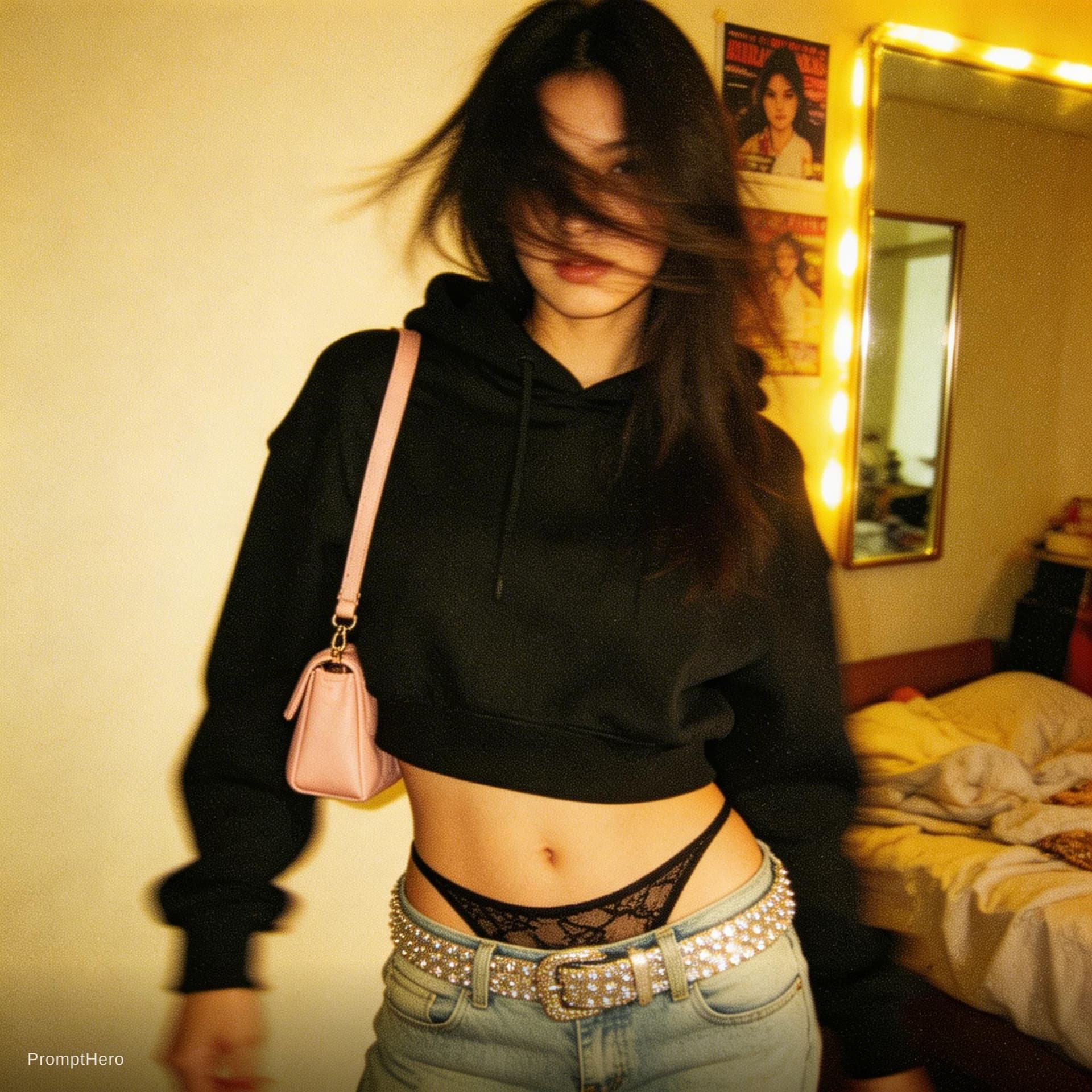 AI generated: a lo-fi 2015s-era, diagonally taken, low-quality iPhone photo of a 20-year-old baddie. The shot is i...