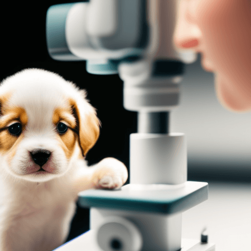 AI generated: Tiny puppy being observed under a microscope, side view