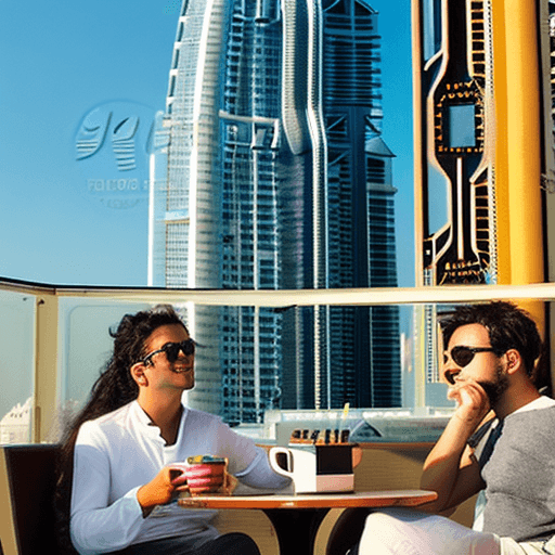 AI generated: "A group of young people sitting in a modern cafe in Dubai, drinking tea and chatting, with a view o...