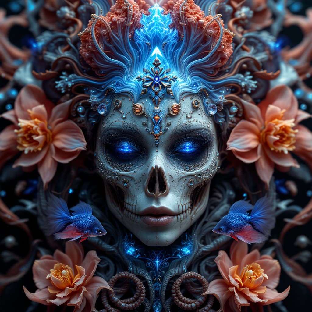 AI generated: Goddess close-up portrait ribcagel. jellyfish phoenix head, nautilus, orchid, skull, betta fish, bio...