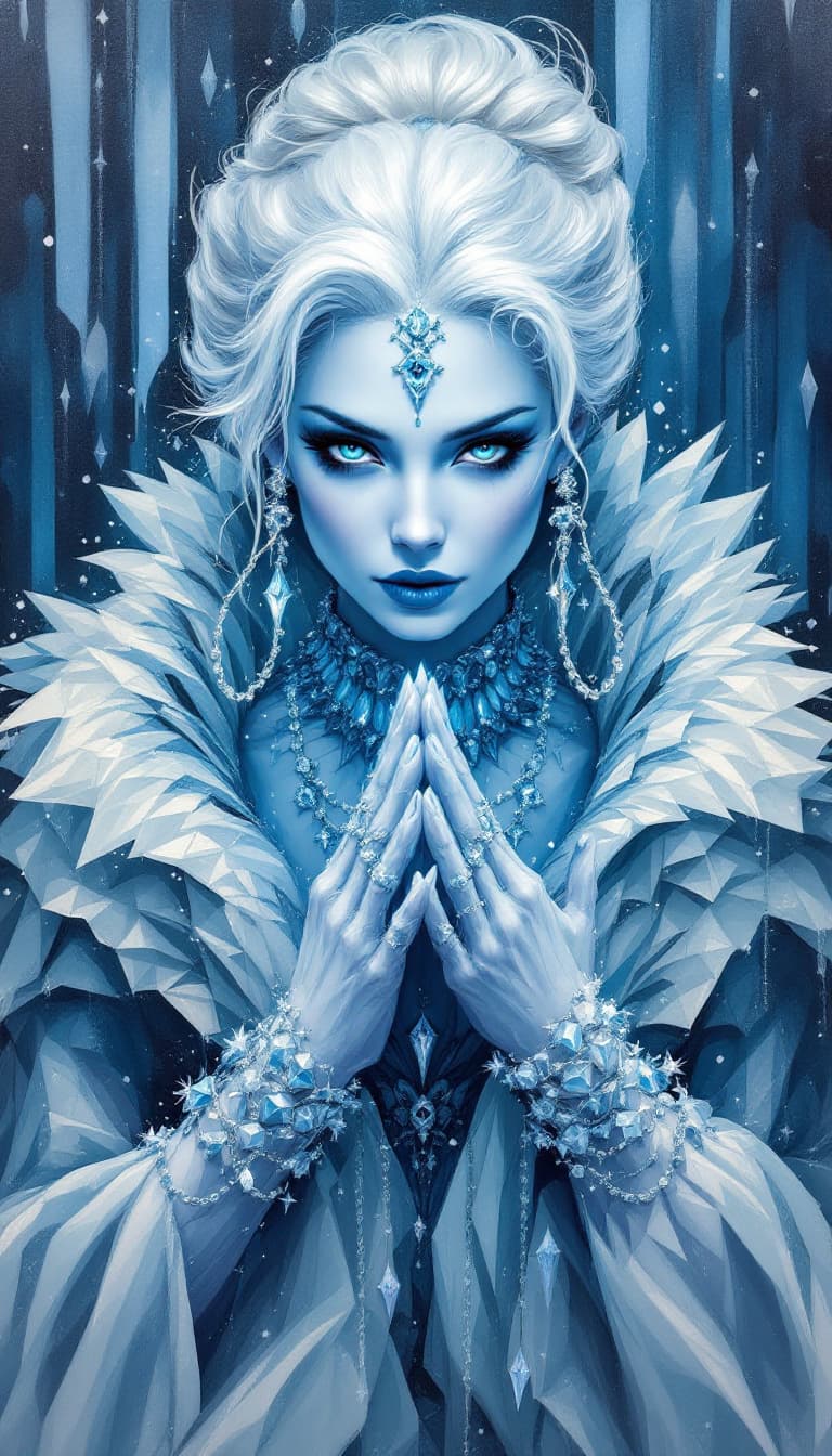 AI generated: "Icy Queen in a Crystal Palace": A captivating abstract painting portrays a queen, exuding both rega...