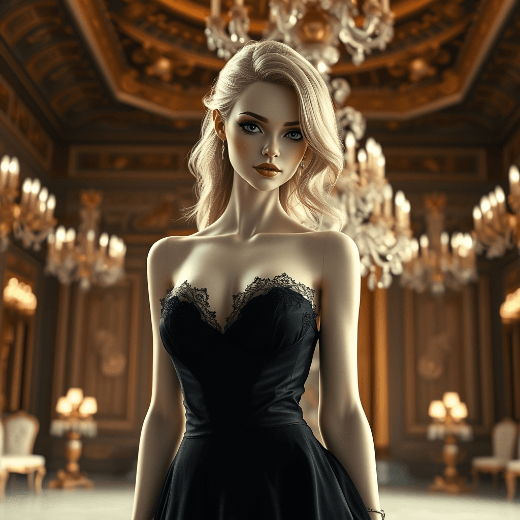 AI generated: a beautiful and refined android aristocrat with porcelain skin and honey-blonde hair, wearing a eleg...