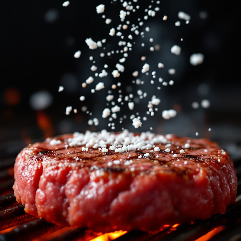AI generated: This is a close-up photo of a juicy beef patty grilling on a sizzling grill. Crinkle-cut pepper and ...