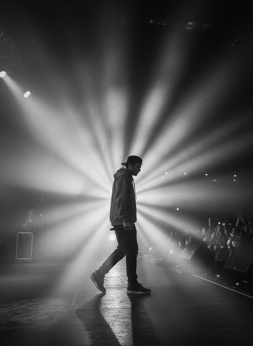 AI generated: black and white photography of rapper in baseball cap emerging from fog on stage during concert, sid...