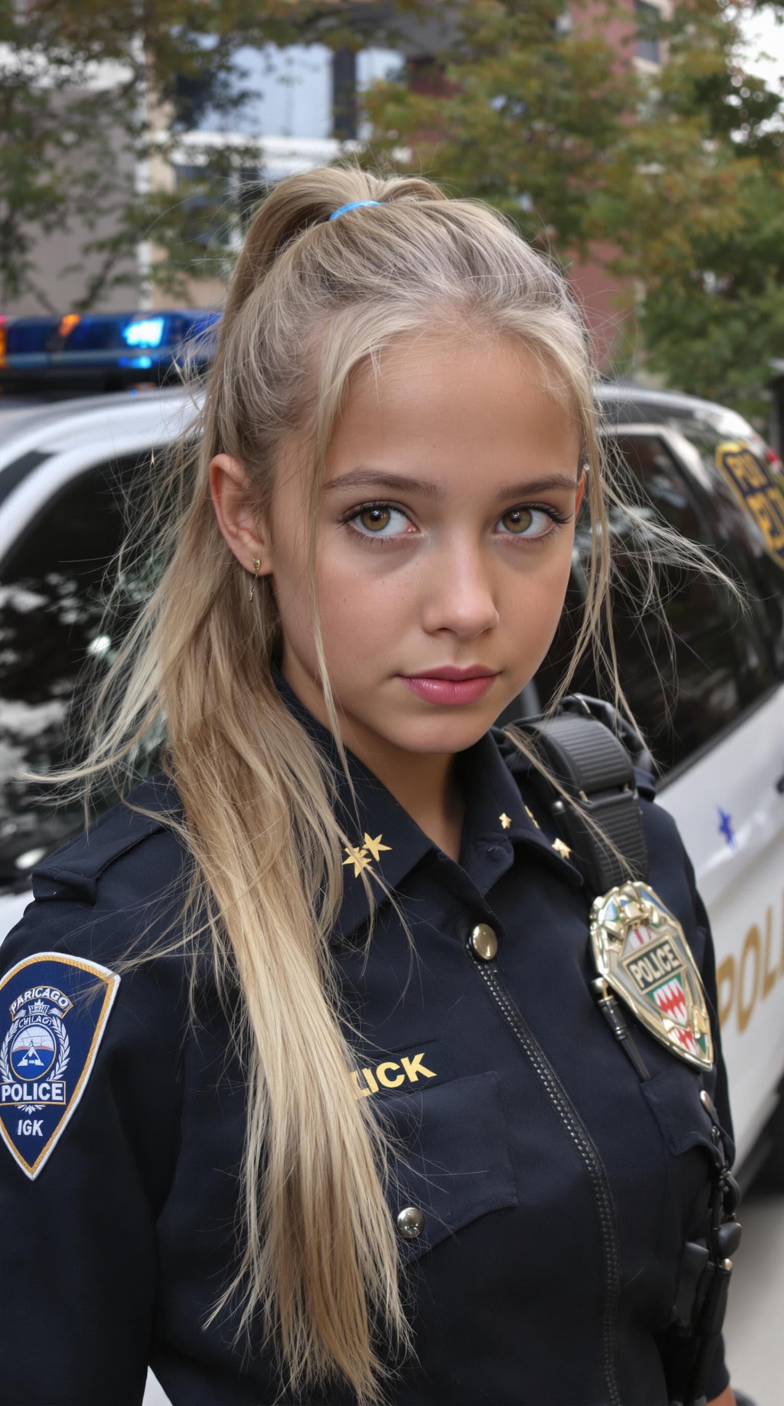 AI generated: a professional photo of a exceptionally of the most beautiful (age 13) Chicago police officer, (futu...