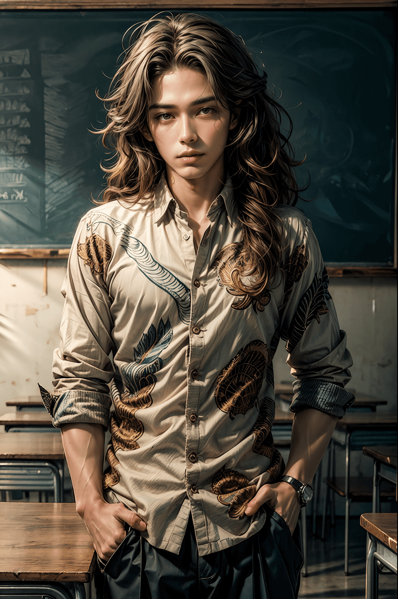 AI generated: "masterpiece, dynamic pose, centered, 1boy, handsome, calm, intelligent, vibrant red wavy hair, stan...