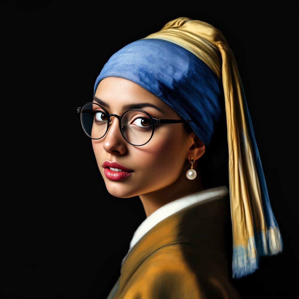 AI generated: The famous image of a woman with a pearl earring with Mia Khalifa's face. Keep all the image setting...
