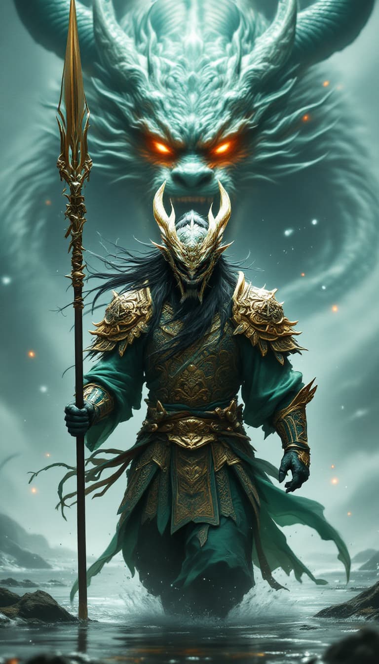 AI generated: An ultra-realistic, full-body frontal portrait of a formidable warrior holding a spear in his hand a...