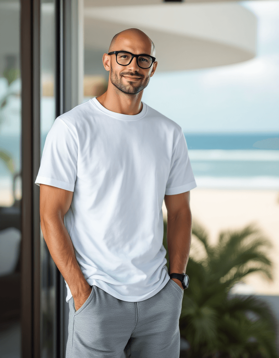 AI generated: Hyper-Realistic photo, handsome Caucasian bald man, clean face, clean shaved face, rounded rectangul...