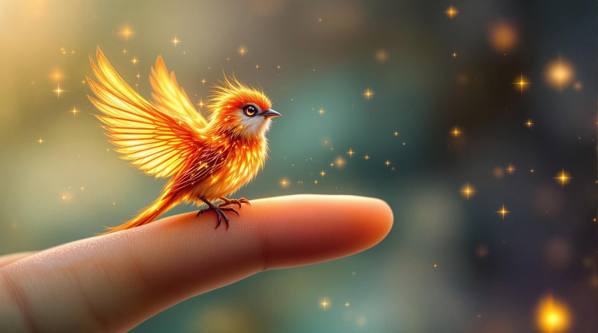 AI generated: Create a detailed and enchanting image of a tiny fire bird perched on a person's finger. The fire bi...