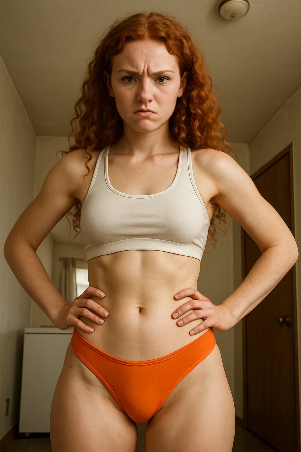 AI generated: (SORA)     "(solo portrait) A pretty and very petite woman is standing in front of POV and looks irr...