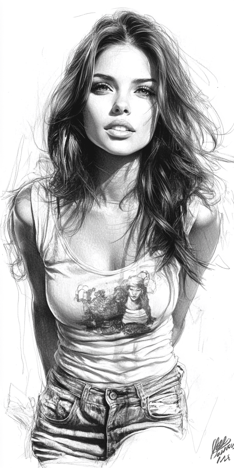AI generated: black and white portrait of a woman wearing a tshirt, in the style of detailed comic book art, 32k u...
