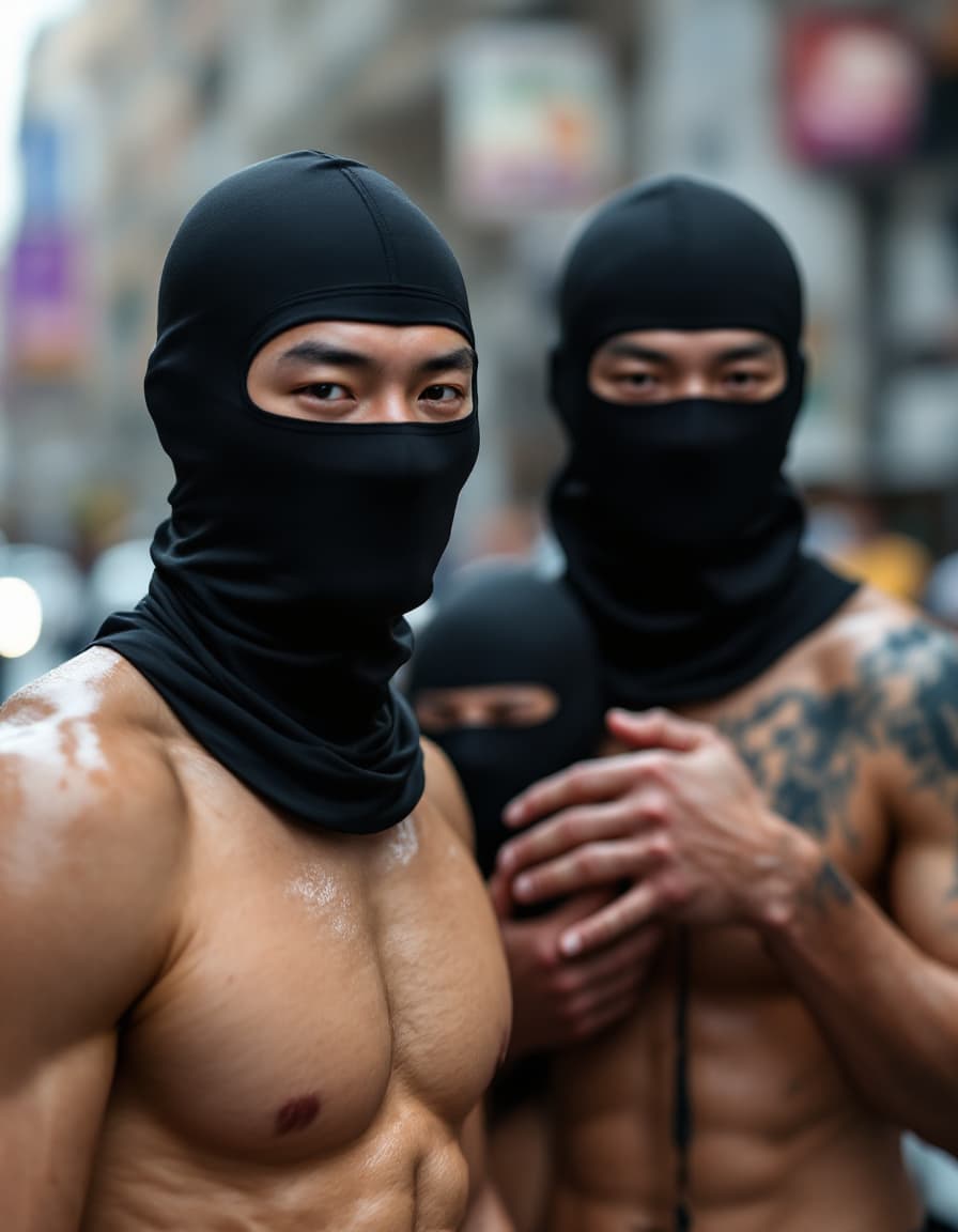AI generated: Three masculine handsome male Asian Chinese olympic swimmers are wearing tight compression jammers o...