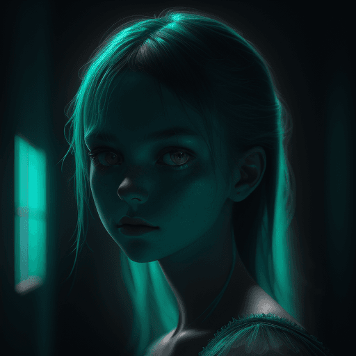AI generated:  a girl looking around in a light, in the style of dark cyan and green, photographically detailed po...
