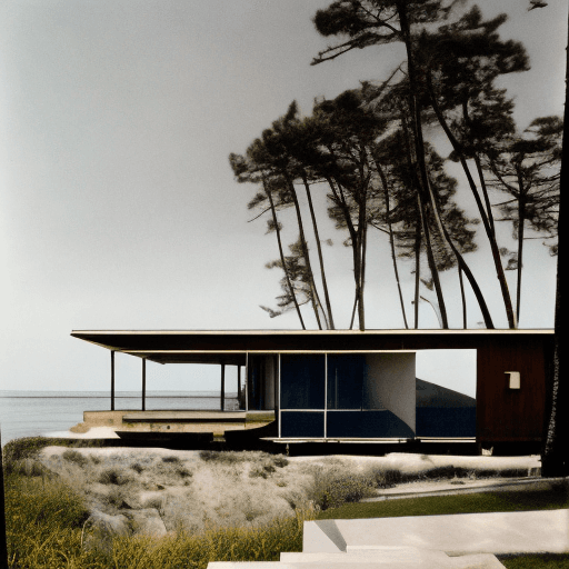 AI generated: outside view of a concrete and oak mid-century modern beach house designed by Ray Kappe, sitting on ...