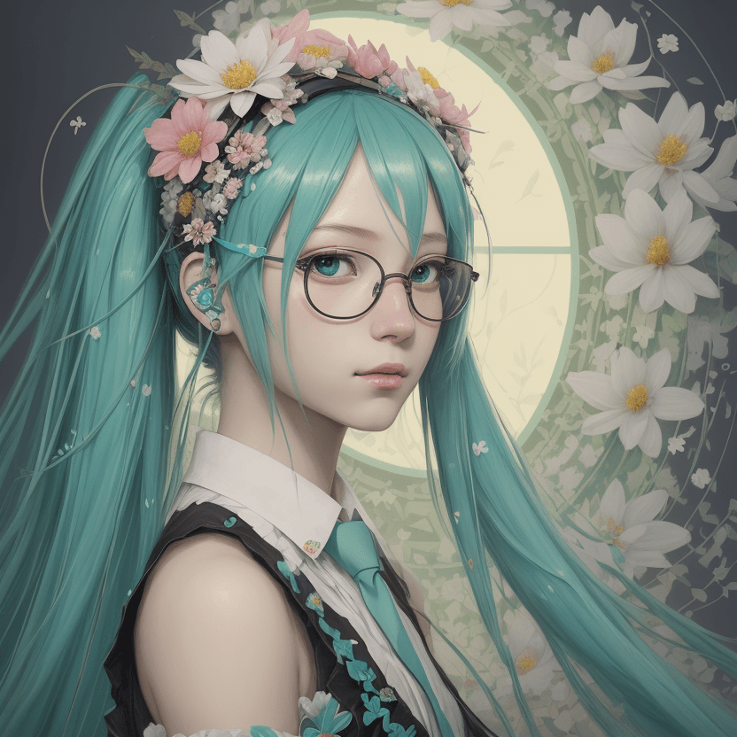AI generated: hatsune miku, a painting of a woman with flowers in her hair, a character portrait, inspired by Jame...