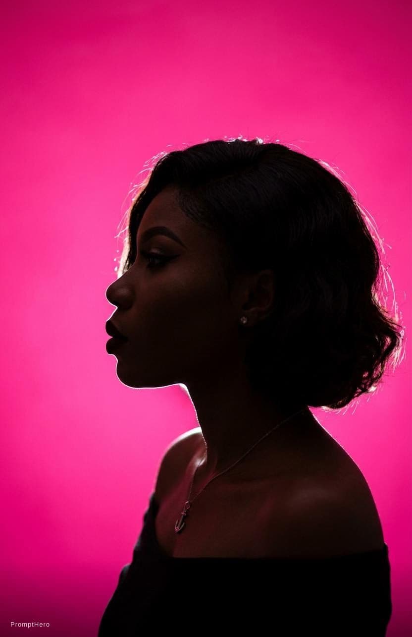 AI generated: photography, portrait of contrast, profile silhouette of a woman, vibrant hot pink backdrop, visuali...