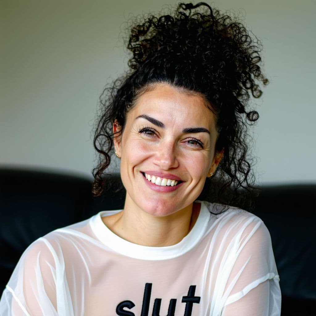 AI generated: A Albanian woman with curly hair pulled into a half-up style smiles warmly at the camera. She wears ...