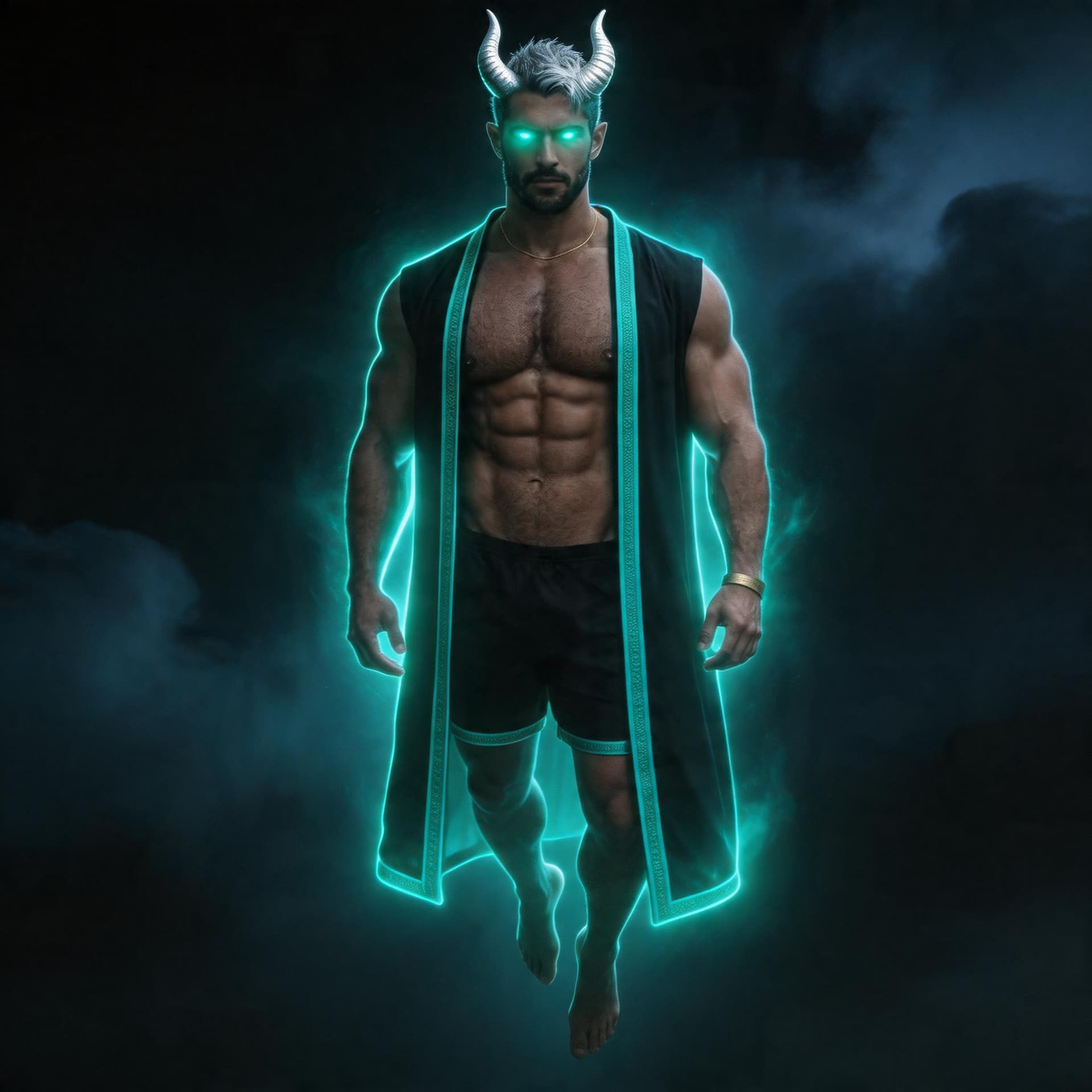 AI generated: create a god of dragons with teal colors with a god like aura surrounding him flying in darkness wit...