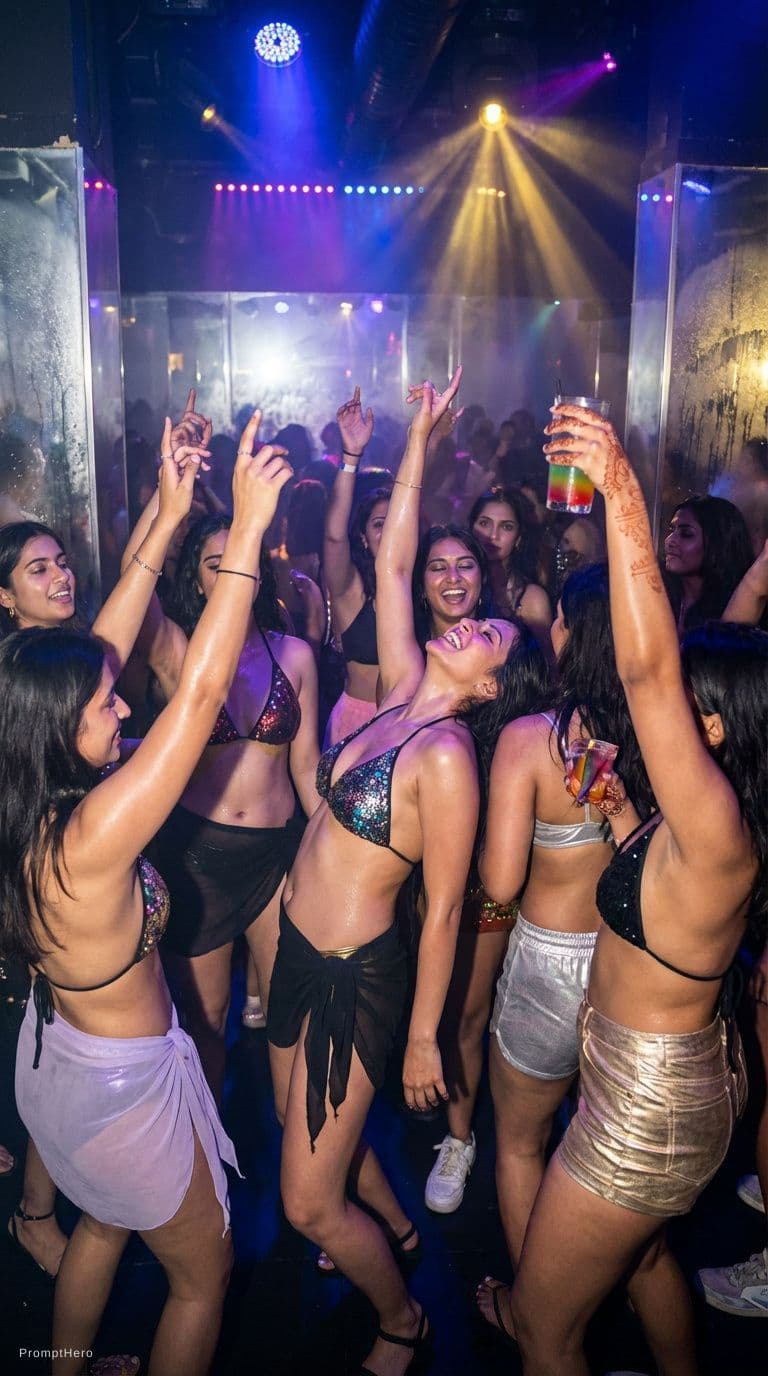 AI generated: a pulsating Indian nightclub at peak energy, where a sea of mid-20s women—each a celebration of body...