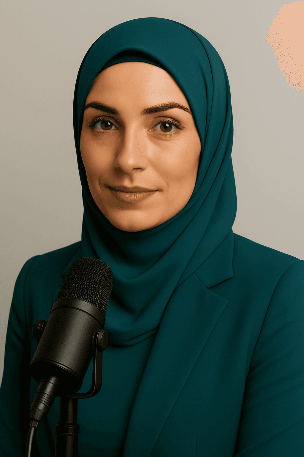 AI generated: Ultra-Detailed Character Description: Hijabi Podcast Presenter (Inspired by Famke Janssen as Jean Gr...