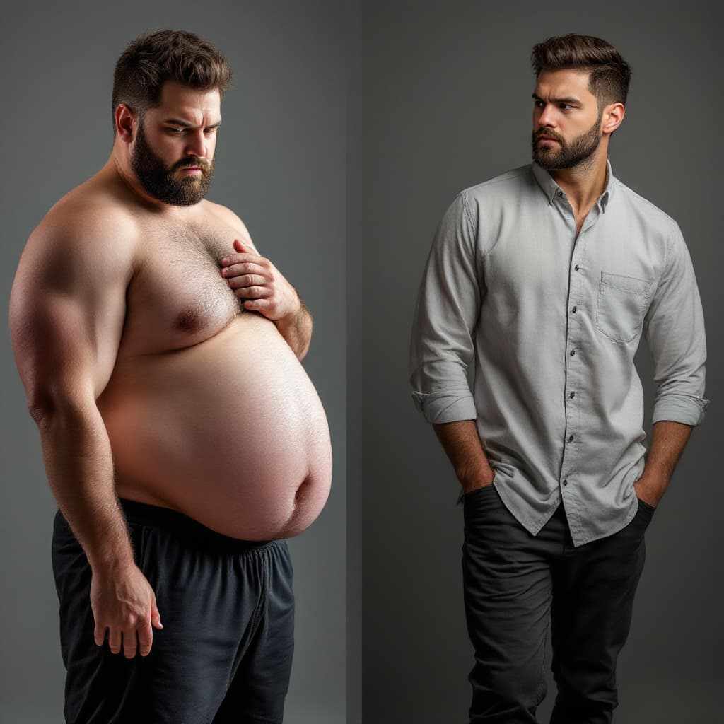 AI generated: I want a photo of a 35-year-old man wearing sportswear, weighing 100 kg, with a high amount of fat, ...
