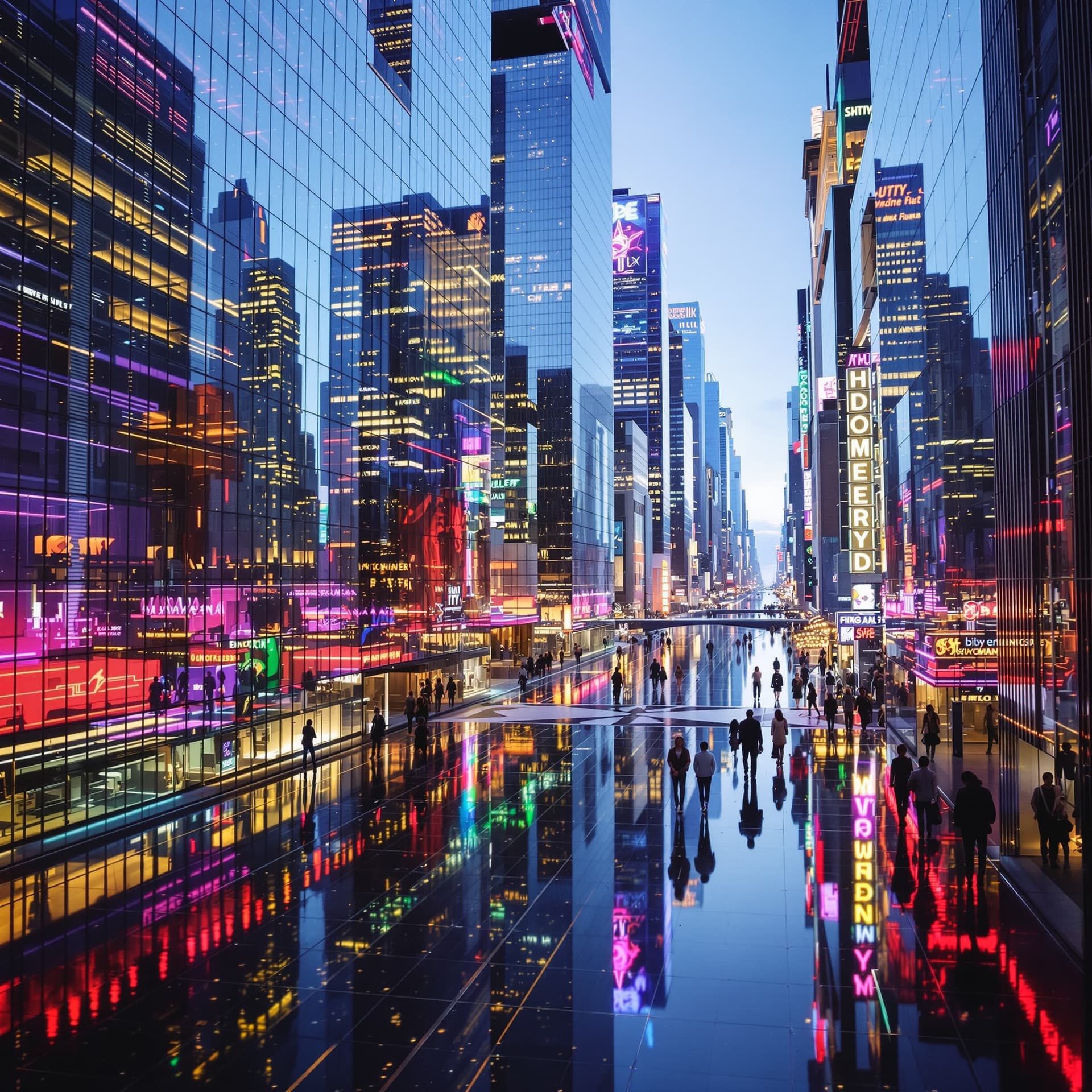 AI generated: surreal, reflective New York City, colorful lights bounce off massive mirror facades, creating a hyp...