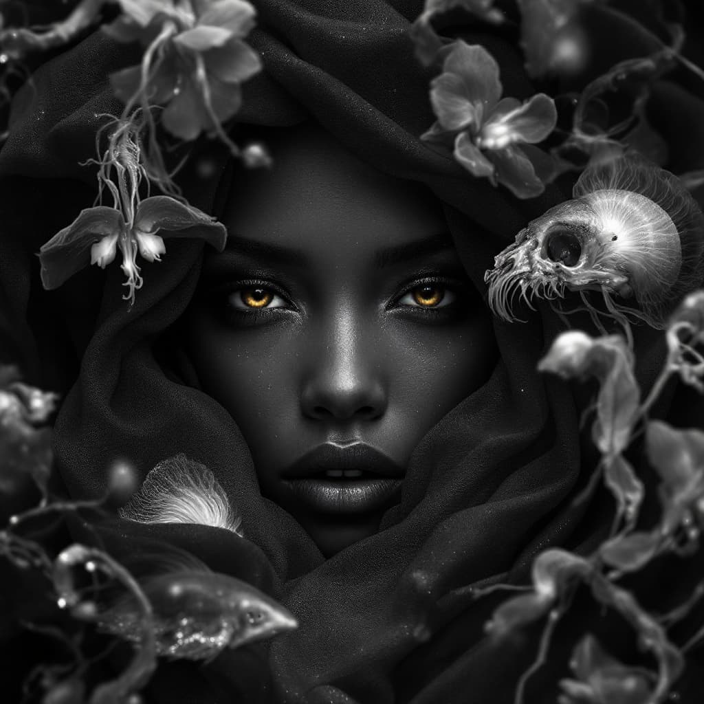 AI generated: image of alady's face enveloped in a shroud-like material, appears to be merging with the air around...