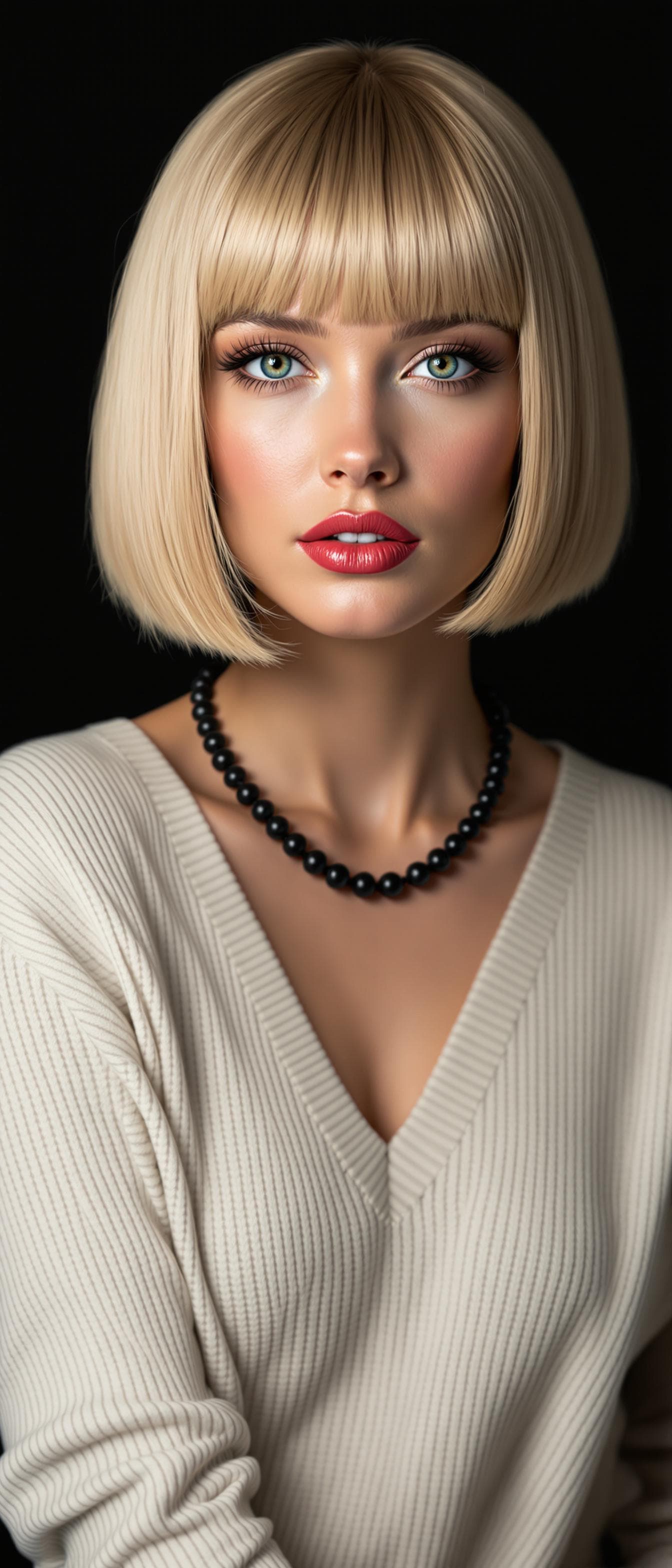 AI generated: She sports a sleek chin-length Italian bob in a rich natural golden blonde shade cut bluntly with th...